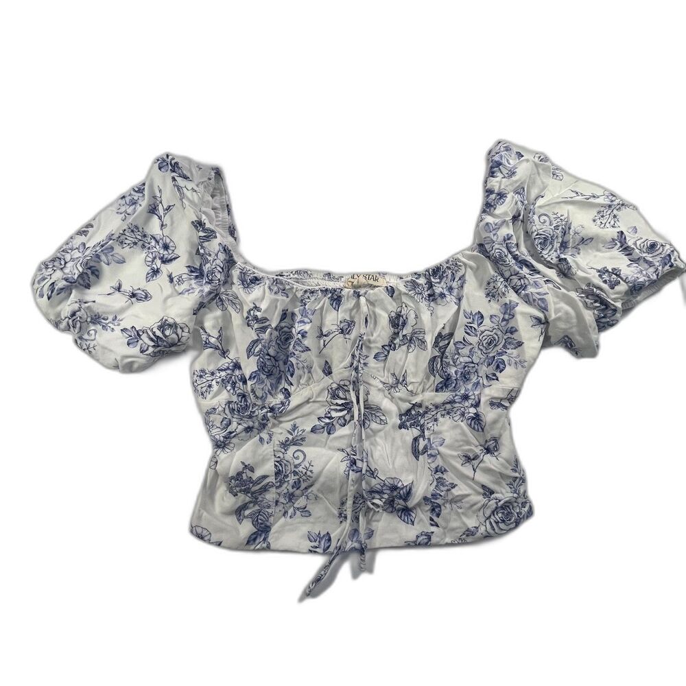 Lily Star Blue White Cottagecore Cropped Blouse 100% Rayon Size L